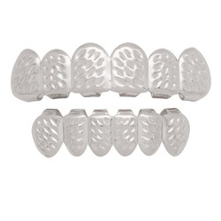 The Bling Factory 14k White Gold Plated Diamond-Cut Removable Top & Bottom Teeth Grillz Set (SKU: GDT1011)