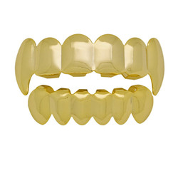24k Gold Plated Vampire Fang Removable Top & Bottom Teeth Grillz Set + Polishing Cloth