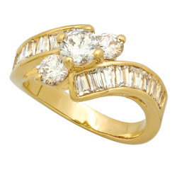 14k Gold Plated Cubic Zirconia Engagement Ring, 3-Stone Round + Channel Set Baguette CZs, Size 4-12 (SKU: GL-LR81)