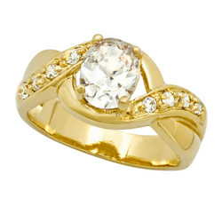 Gold Plated Oval CZ Solitaire Ring w/CZ Accent Crisscross Band + Microfiber