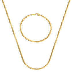 3mm 14k Yellow Gold Plated Flat Cuban Link Curb Chain Necklace + Bracelet Set
