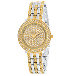 Women's Gold Stainless Steel Cubic Zirconia Iced Out Watch + Jewelry Cloth & Pouch