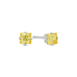 Princess Cut Simulated Citrine Yellow CZ Sterling Silver Italian Crafted Stud Earrings + Polishing Cloth