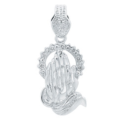 Rhodium Plated 26.5mm x 41.5mm Praying Hands With CZ Halo Pendant + Microfiber