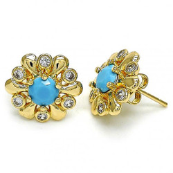15.3mm 14k Yellow Gold Plated Blue Opal Flower Stud Earrings, 15.3mm (SKU: GL-ER1022A)