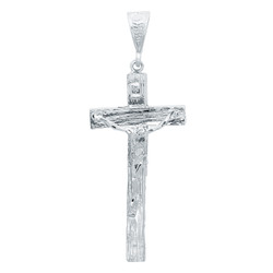 Large 36.5mm x 7.2 cm Rhodium Plated Wood Textured Crucifix Pendant + Jewelry Polishing Cloth (SKU: RL-XLG18)
