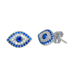 10.5mm Polished Rhodium Plated Silver Blue Cubic Zirconia Stud Earrings, 10.5mm (SKU: SS-ER1021)