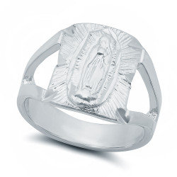 Classic Rhodium Plated Medium Virgin Mary Portrait Relief Ring + Jewelry Polishing Cloth (SKU: RL-MN18)