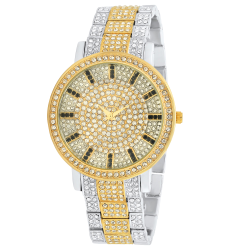 Men's Gold Stainless Steel Cubic Zirconia Iced Out Watch + Jewelry Cloth & Pouch