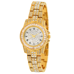 Women's Polished Gold Stainless Steel Cubic Zirconia Iced Out Watch + Jewelry Cloth & Pouch