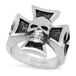 22mm Stainless Steel Skull With Iron Cross Ring + Anti-Tarnish Velvet Pouch (SKU: ST-SKR132)