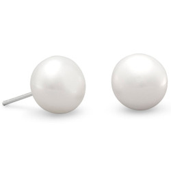 Sterling Silver 8mm White Freshwater Cultured Pearl Stud Earrings + Polishing Cloth