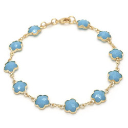 Polished 14k Yellow Gold Plated Blue Opal Flower Stone Charm Anklet, 10 inches (SKU: GL-AK1024)