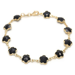 Polished 14k Yellow Gold Plated Black Opal Flower Stone Charm Anklet, 9.5 inches