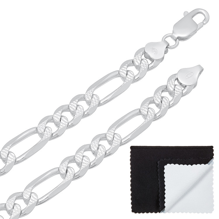 925 Sterling Silver 8mm Pav‚ Flat Figaro Chain Necklace 8inch