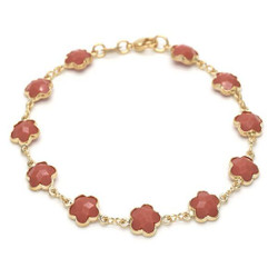 Polished 14k Yellow Gold Plated Red Opal Flower Stone Charm Anklet, 10 inches