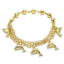 7.8mm Polished 14k Yellow Gold Plated Ball Military Bead Chain Anklet, 9.5 inches (SKU: GL-AK1074)