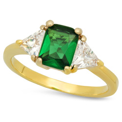 Women's 8mm 14k Yellow Gold Plated Emerald Green Cubic Zirconia Flat 3-Stone Ring + Gift Box