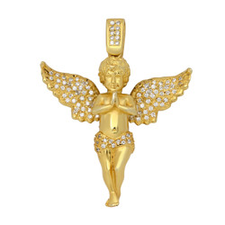Gold Plated Silver Praying Winged Angel Pendant w/CZ Accents + Microfiber