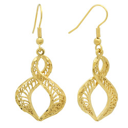 Gold Plated Twisted Flame Shaped Filigree Drop Earrings + Microfiber