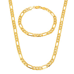 5.5mm 14k Yellow Gold Plated Flat Figaro Chain Necklace + Bracelet Set (SKU: GL-010CS)