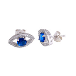 13.5mm Polished Rhodium Plated Silver Blue Cubic Zirconia Stud Earrings, 13.5mm
