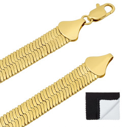 Men's 10.8mm 14k Yellow Gold Plated Flat Herringbone Chain Necklace + Gift Box