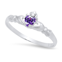 Sterling Silver Claddagh February Birthstone Amethyst CZ Promise Ring 9 Made in Italy + Cloth