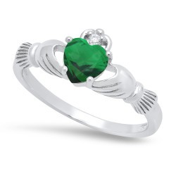 Sterling Silver Claddagh May Birthstone Emerald CZ Promise Ring 9 Made in Italy + Cleaning Cloth