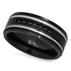 Black Plated Titanium 8mm Comfort Fit Ring w/Black Cubic Zirconia + Microfiber