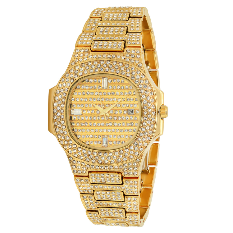 Men\'s Polished 14k Gold Plated Stainless Steel Cubic Zirconia Iced Out Watch  + Jewelry Cloth & Pouch