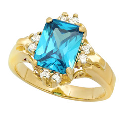 Gold Plated Blue Emerald-Cut CZ Solitaire Ring w/CZ Accents + Jewelry Polishing Cloth (SKU: GL-LR48)