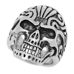 Stainless Steel Fanged Skull w/Tribal Details Ring + Microfiber