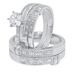 His & Hers Sterling Silver Italian Crafted CZ Accented Baroque 3-Piece Wedding Ring Set + Cleaning Cloth