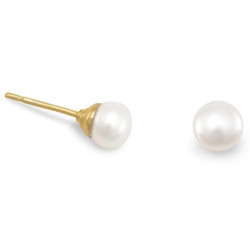 Sterling Silver 5mm 14k Gold Plated Freshwater Cultured Pearl Stud Earrings + Polishing Cloth