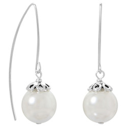 Sterling Silver 12mm White Glass Pearl Threader Drop Dangling Earrings + Polishing Cloth (SKU: SS-ER2448)