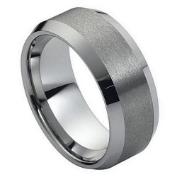 Men's Tungsten Carbide Brushed Center Beveled Edge Band Ring, Size 8,9,10,11,12 + Polishing Cloth