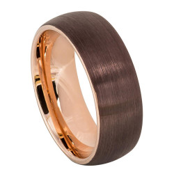 Men's Tungsten Carbide Semi-Domed Brushed Brown with Rose Gold Plated Inside Band Ring, Size 8,9,10,11,12