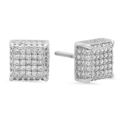 .925 Sterling Silver Square 3D Micro Pave Screw Back Earrings + Microfiber