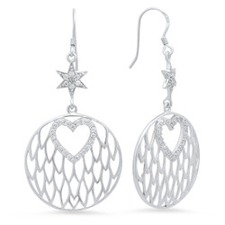 Sterling Silver Italian Crafted CZ Accented Heart & Star 27mm Round Drop Earrings + Bonus Polishing Cloth