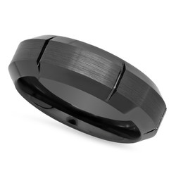 Brushed Black Ceramic 7mm Comfort Fit Ring w/Vertical Grooves + Microfiber