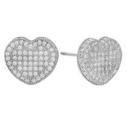 Rhodium Plated Sterling Silver Pave CZ 3D Heart Earrings + Microfiber