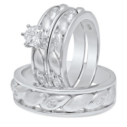 Couples Sterling Silver Italian Crafted Ellipse/CZ Inlay 3-Piece Wedding Ring Set + Bonus Polishing Cloth (SKU: SS-RN1048)