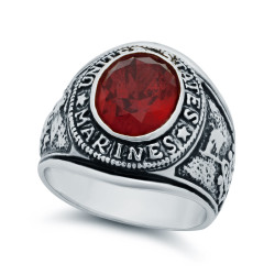 Rhodium Plated Oval-Cut Red Cubic Zirconia US Marines Ring + Microfiber