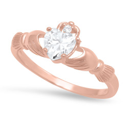 Sterling Silver Rose Gold Plated Claddagh April Birthstone CZ Promise Ring Made in Italy + Cloth