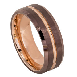 Men's Tungsten Carbide Beveled Edge Brushed Brown Plated with Rose Gold Plated Grooved Center Band Ring