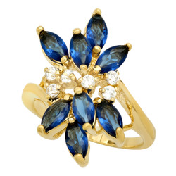 Gold Plated Cluster Ring w/Blue Marquise & Clear Round CZs + Microfiber