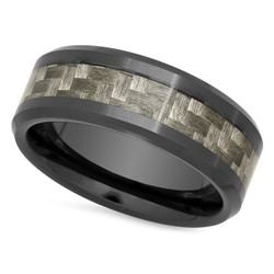 Black Ceramic 7mm Comfort Fit Ring w/Charcoal Gray Carbon Fiber Inlay + Microfiber