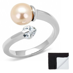 Stainless Steel 316 High Polished 8mm Light Peach Synthetic Pearl with Heart CZ Ring