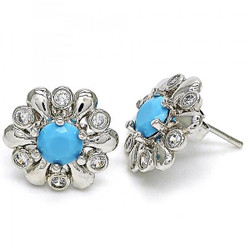 18.3mm Rhodium Plated Blue Opal Flower Stud Earrings, 18.3mm